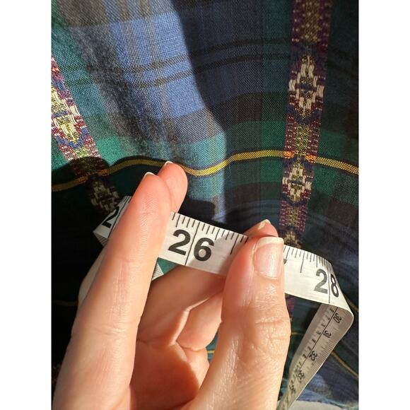 Vintage Shirt Mens Large Blue Plaid Aztec Button Elbow Patch Western Green - Picture 9 of 10